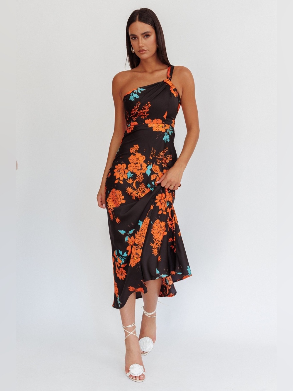 Here Comes the Sun Fly Love Satin One Shoulder Maxi Dress Floral Black